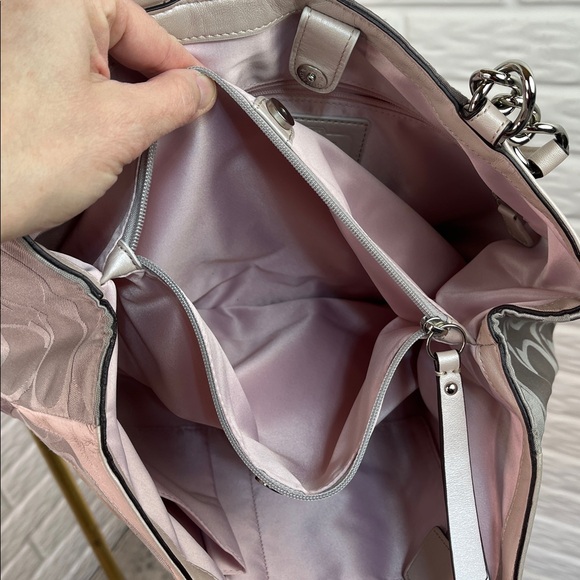 COACH PATCHWORK INLAID SHIMMER BLUSH GRAY SIGNATURE FABRIC WITH LEATHER BAG - Picture 14 of 17